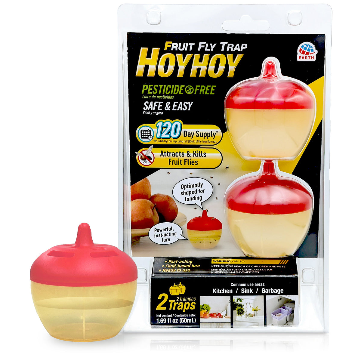HOY HOY Fruit Fly Traps (2 Traps) Attracts &amp; Kills Fruit Flies, 120-Day Supply